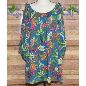 Susan Graver 3/4-Sleeve Peasant Tunic Blue Colorful Leaf Tropical Print Size 5X